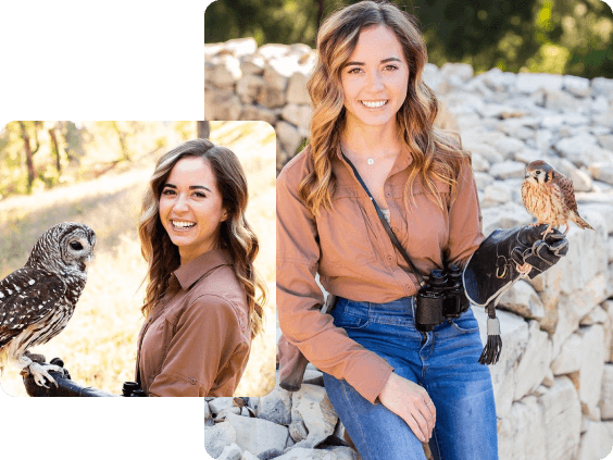 Maya Higa, holding an owl in one photo, and a falcon in the second photo